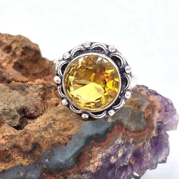 925 Sterling Silver Plt Round Citrine Ring Size 7.5 Bezel Setting Fine Jewelry - Picture 1 of 6